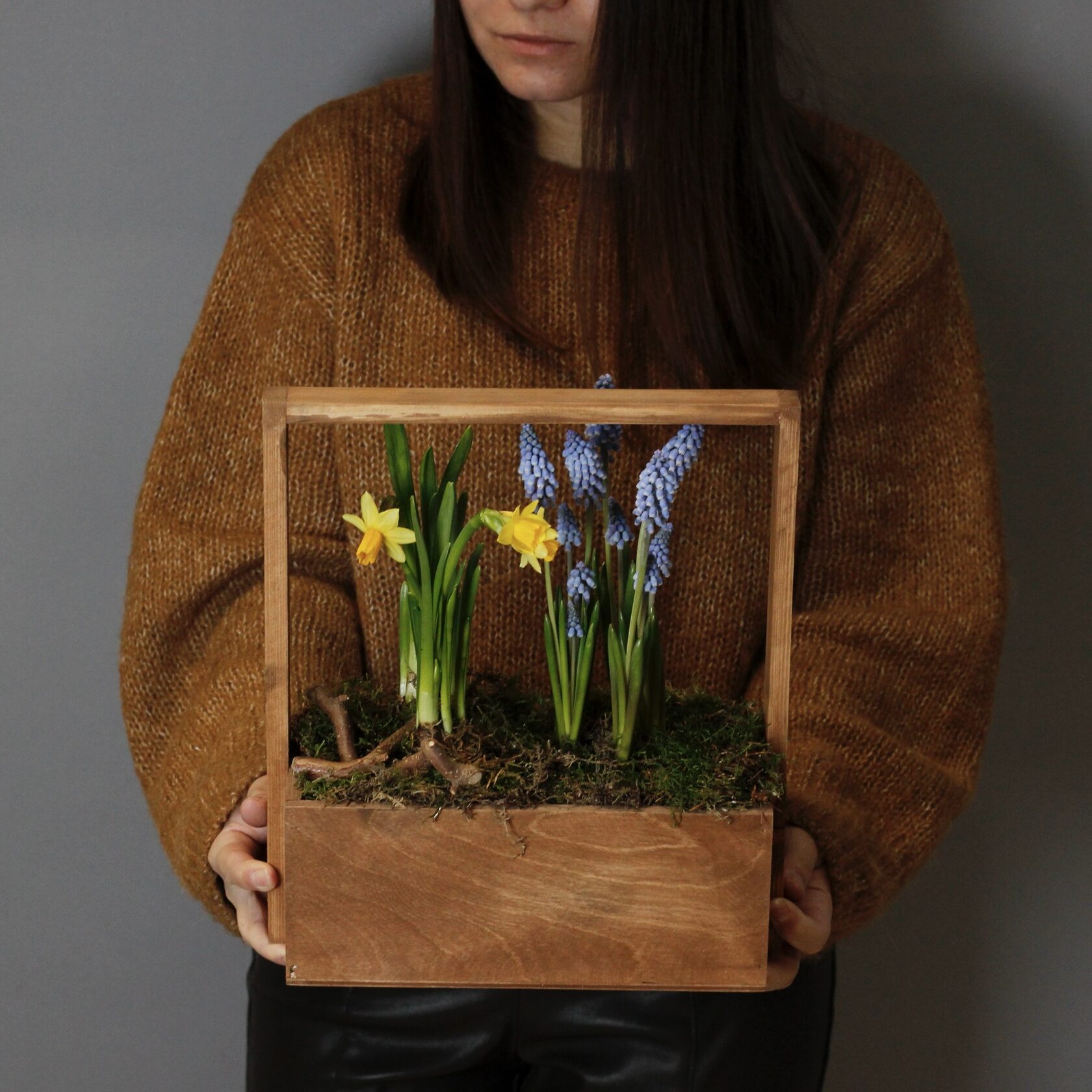 Композиция из первоцветов в ящике